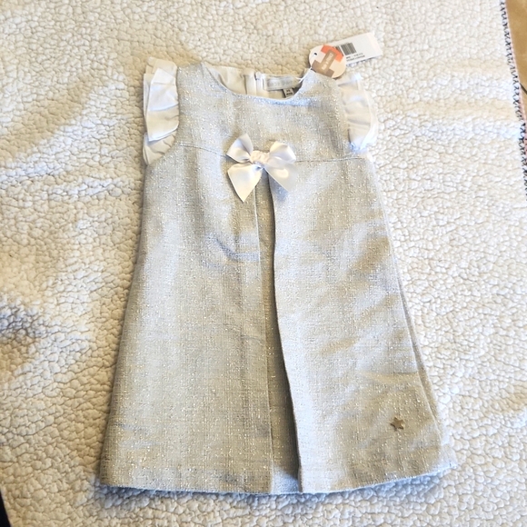 Silver shiny lined girls dress with a bow